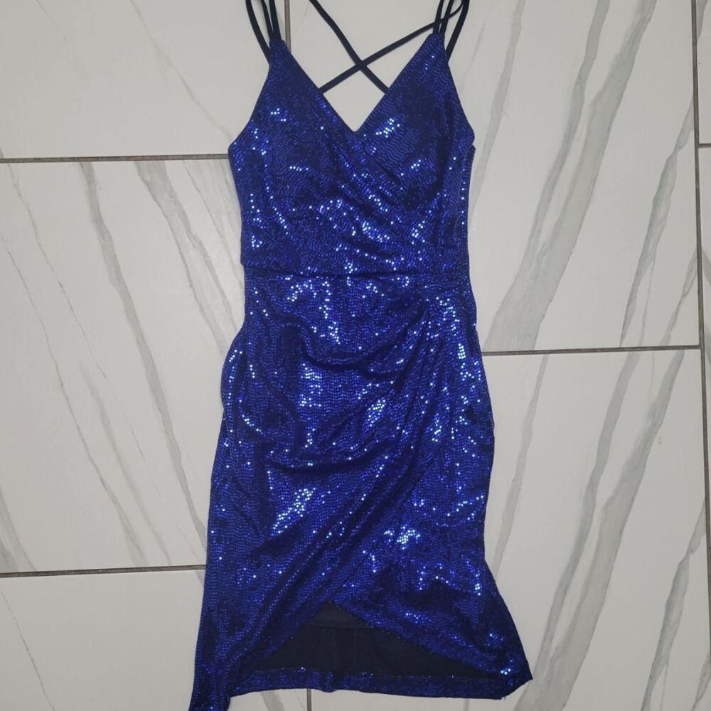 Blue Sequin Homecoming Dress Strappy Bodycon Mini HOCO Party Formal